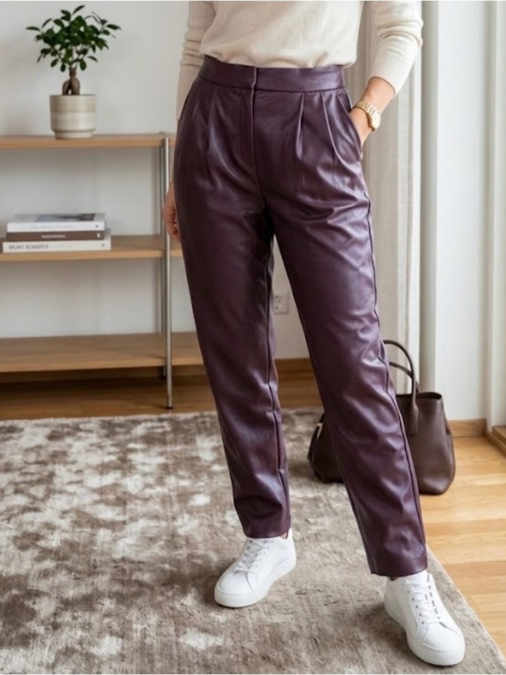 Express Women's Faux Leather Track Pants in Deep Burgundy size 8R